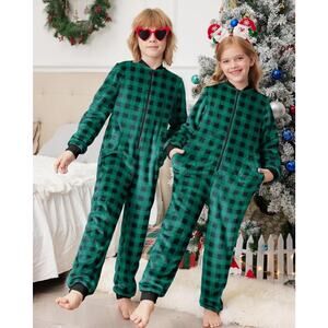 Ekouaer Christmas Pajamas One Piece Fleece Zipper Jumpsuit Pockets 14yrs